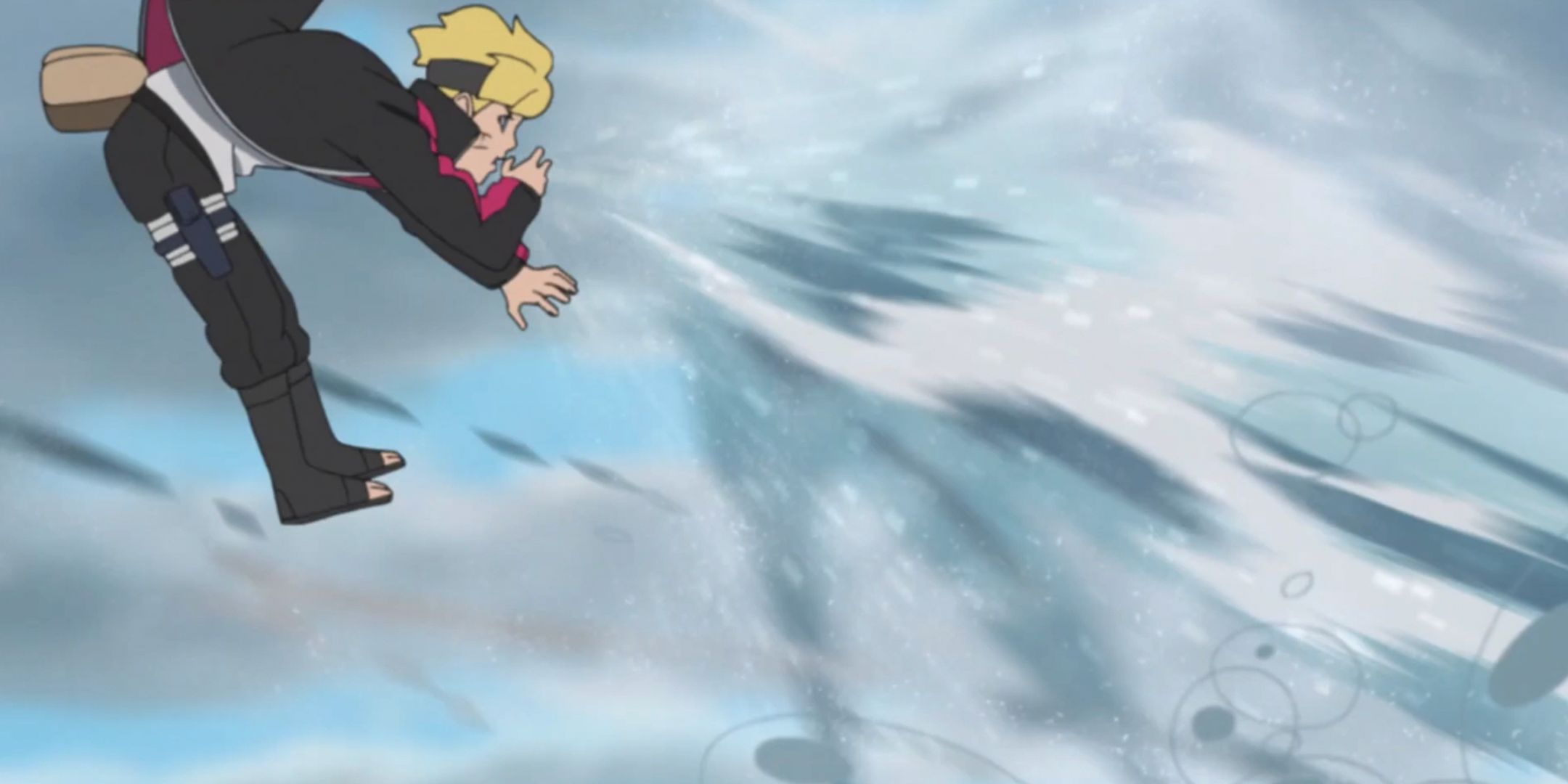 Boruto uses Water Release Surging Sea to release a wave of water from his mouth in the anime