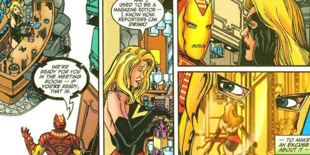 Iron Man catches Carol Danvers making herself a drink before a meeting in Marvel Comics