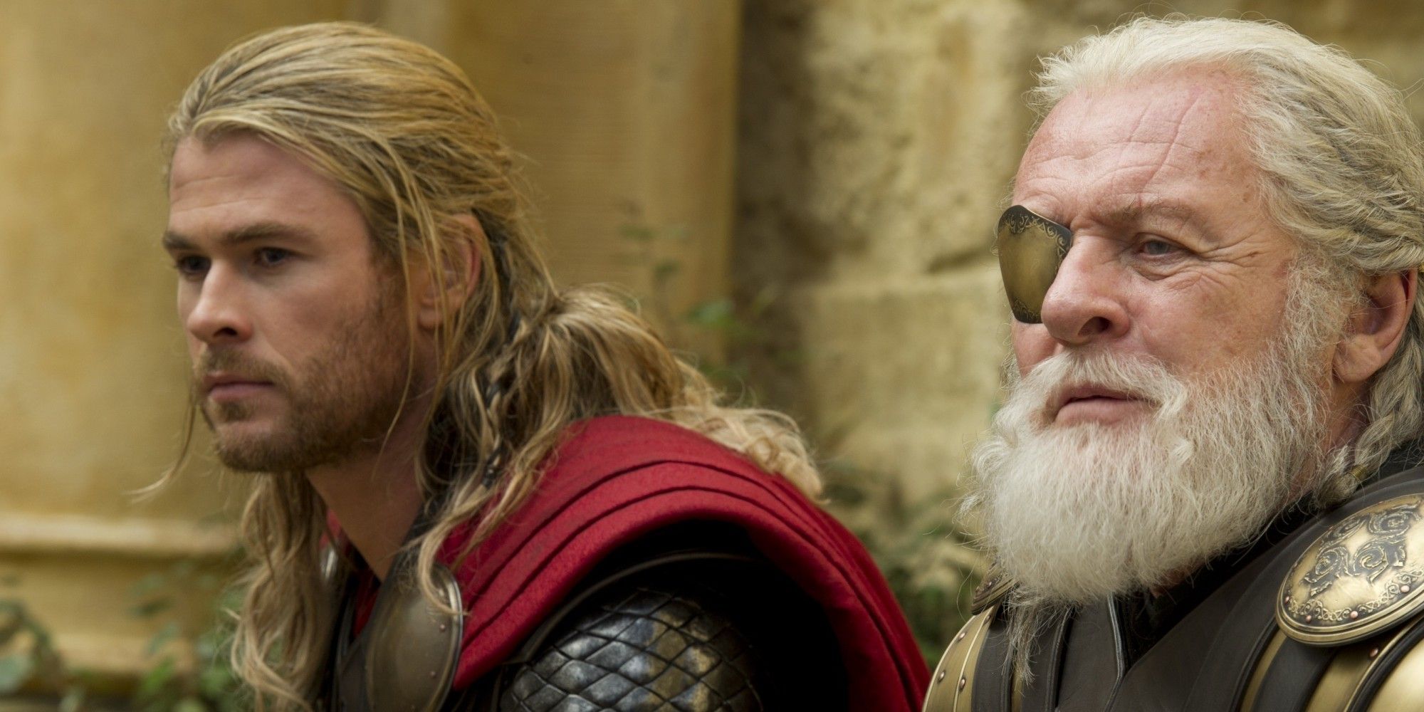 Chris Hemsworth as Thor and Anthony Hopkins as Odin in Thor The Dark World