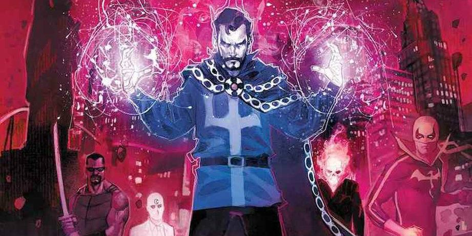 Doctor Strange unleashing energy blasts from his hands while Blade, Ghost Rider, and Iron Fist look on