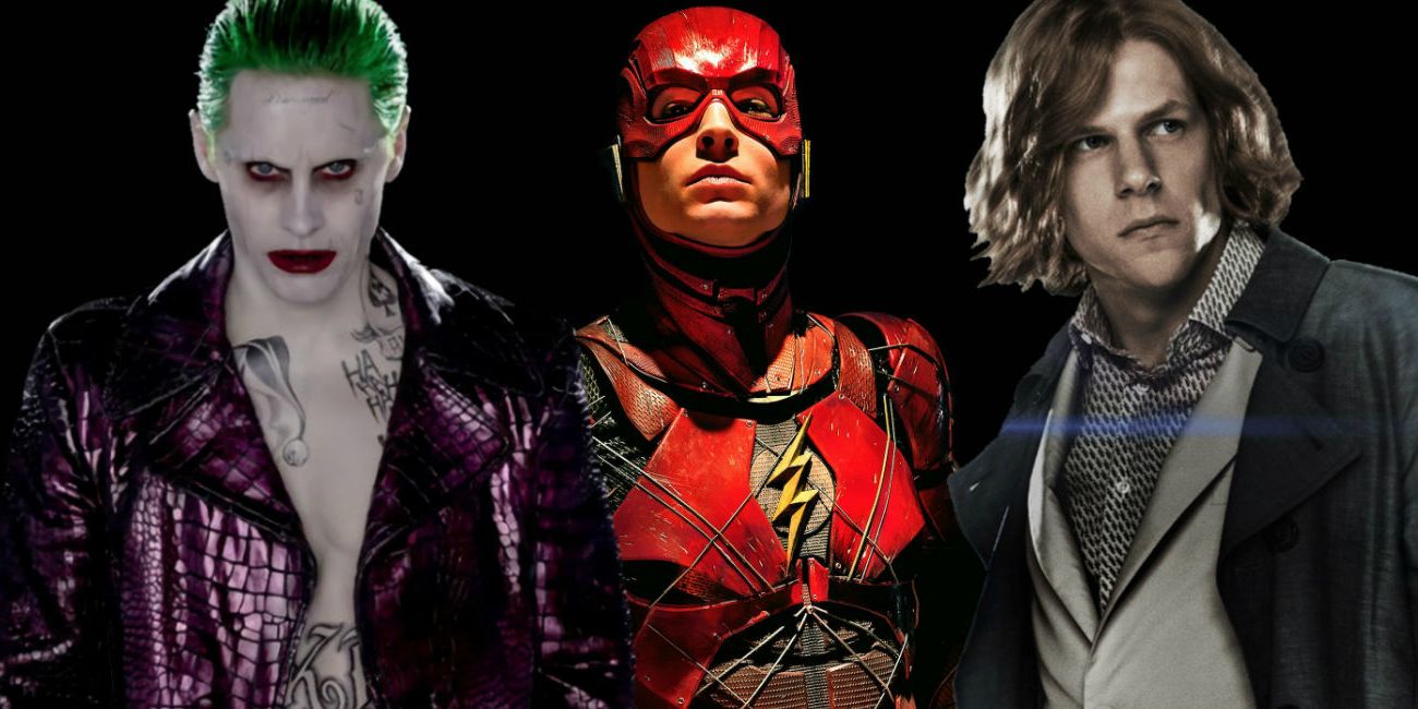 Ezra Miller as The Flash with Jared Leto as Joker and Jesse Eisenberg as Lex Luthor