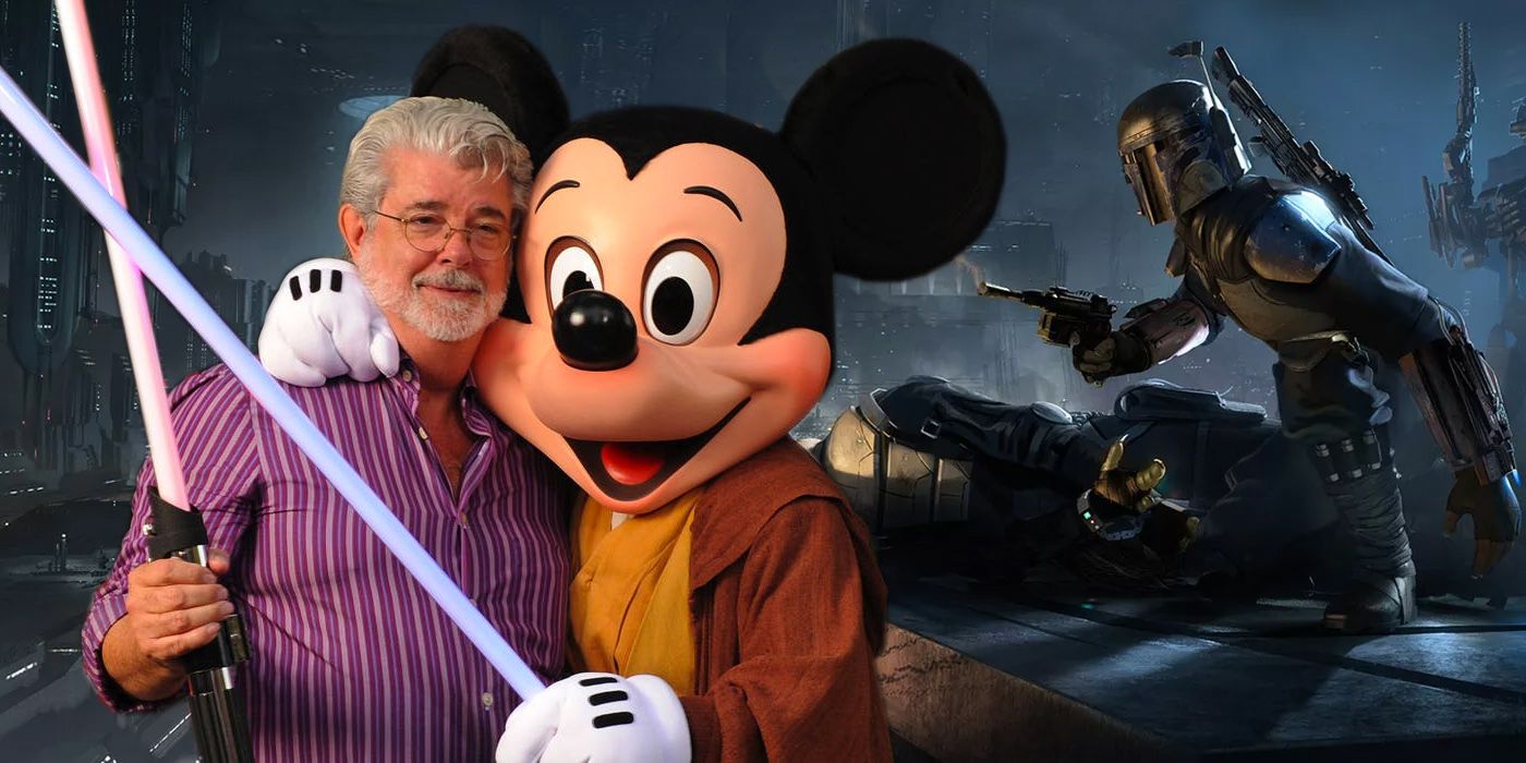 George Lucas Stands With Mickey Mouse and Star Wars