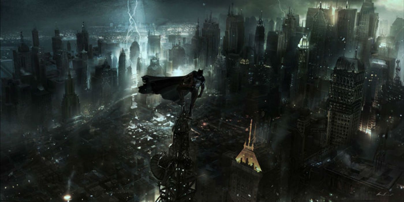 Concept art for Batman v Superman depicting Batman atop a skyscraper