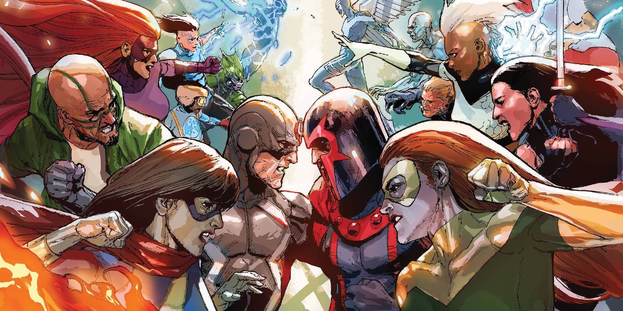 An image of The Inhumans and X-Men facing off in Marvel Comics.