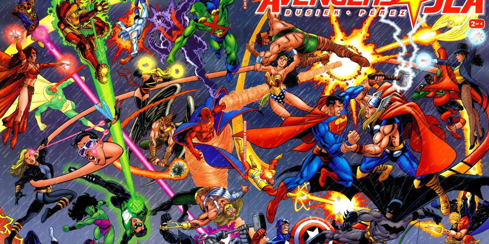 The characters of JLA and Avengers fighting against each other