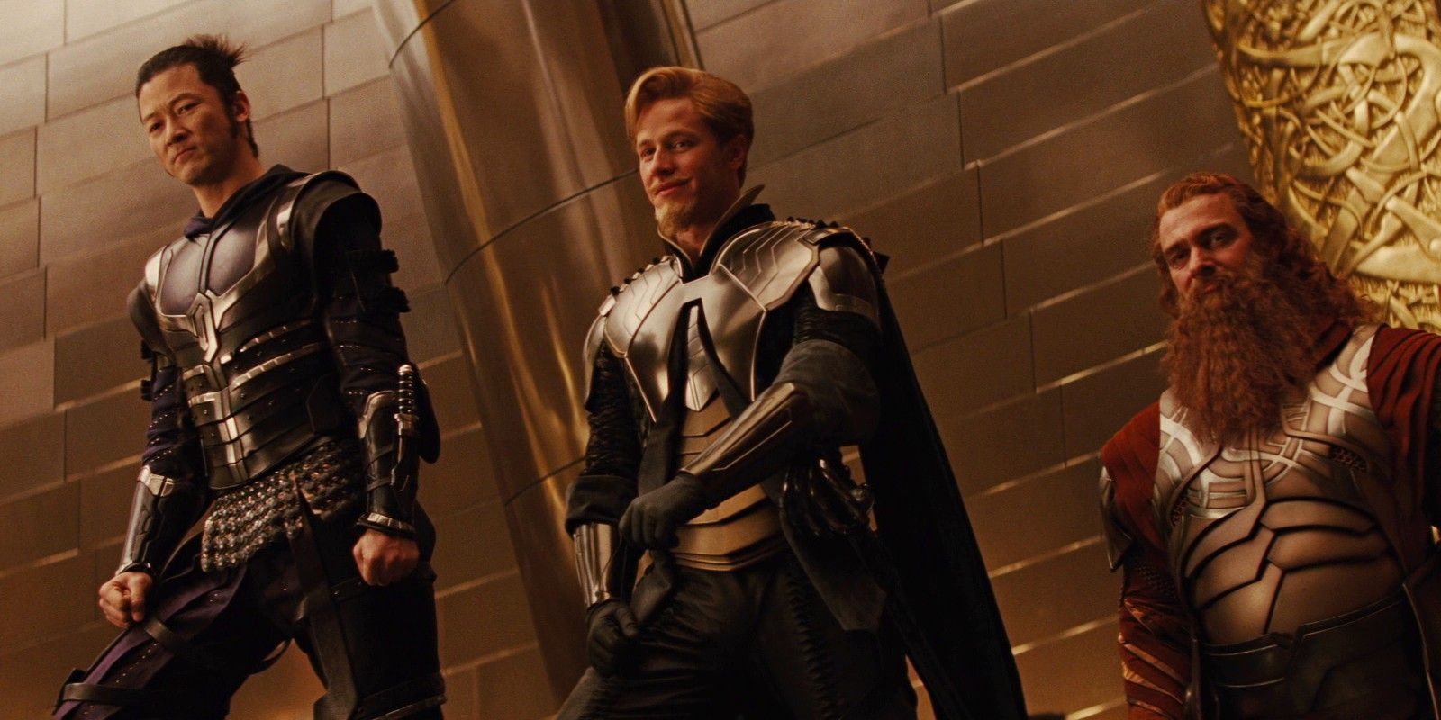 Joshua Dallas as Fendral, Tadanobu Asano as Hogun and Ray Stevenson as Volstagg in Thor