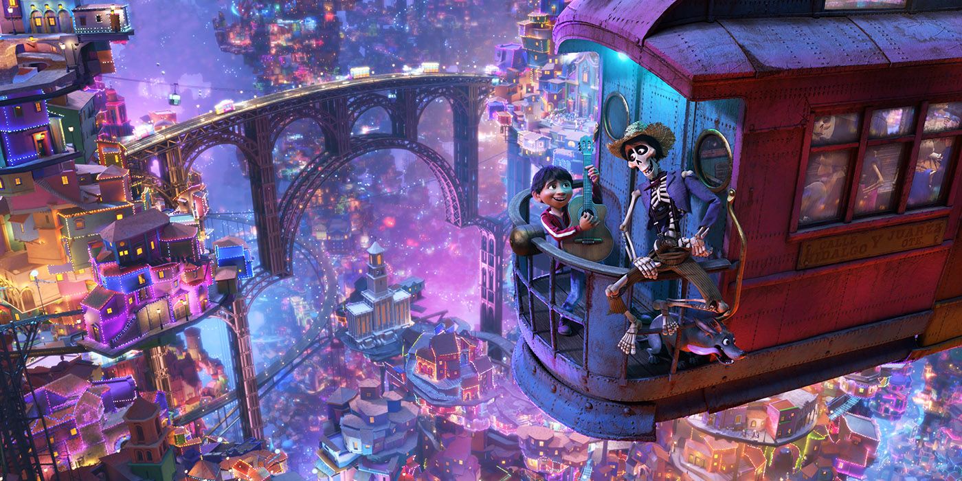 Miguel and Hector above the Land of the Dead in Coco