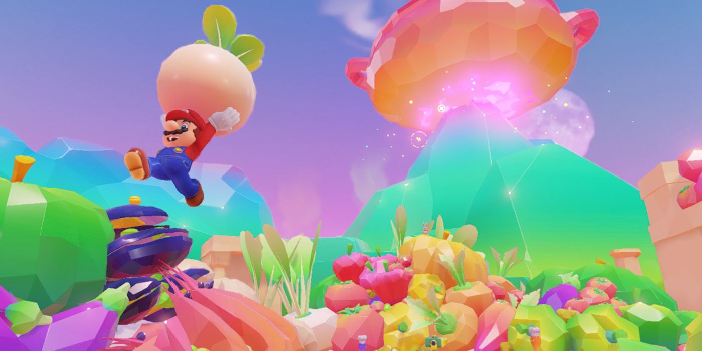 Mario jumping across the colorful Luncheon Kingdom in Super Mario Odyssey while holding an oversized turnip above his head.