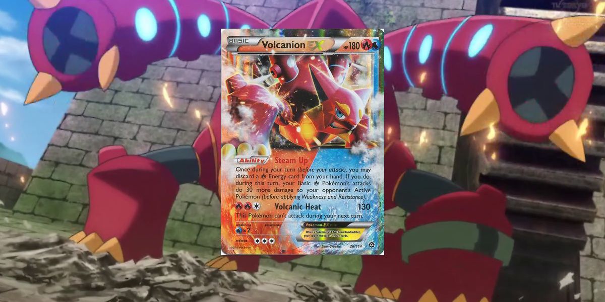 Image of Volcanion EX with its card from the Pokemon TCG overlaid