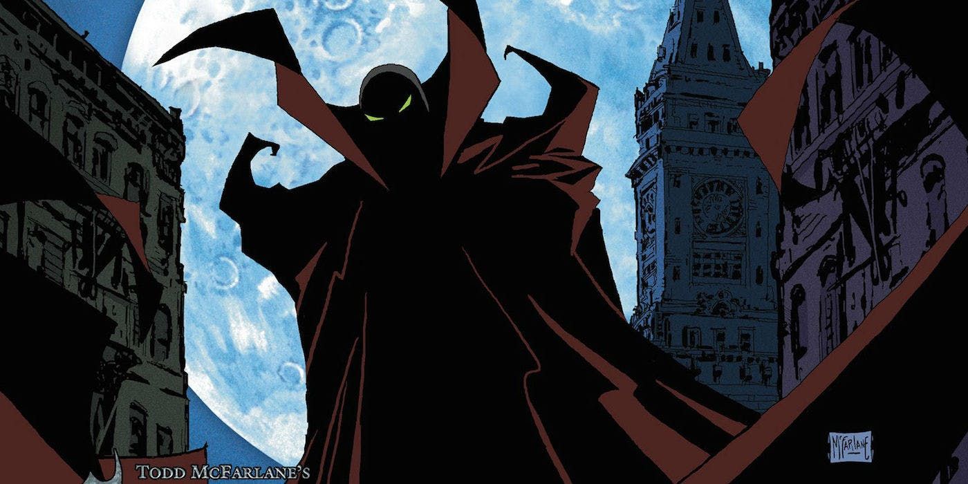 Spawn brooding over the city in cover art for Todd McFarlane's Spawn