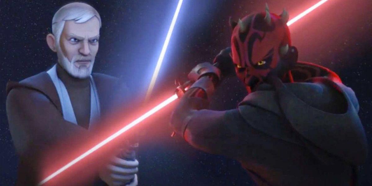 An image of Obi Wan and Darth Maul battling in Rebels