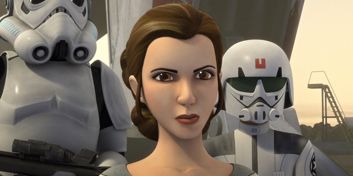Leia with storm troopers behind her in Star Wars Rebels