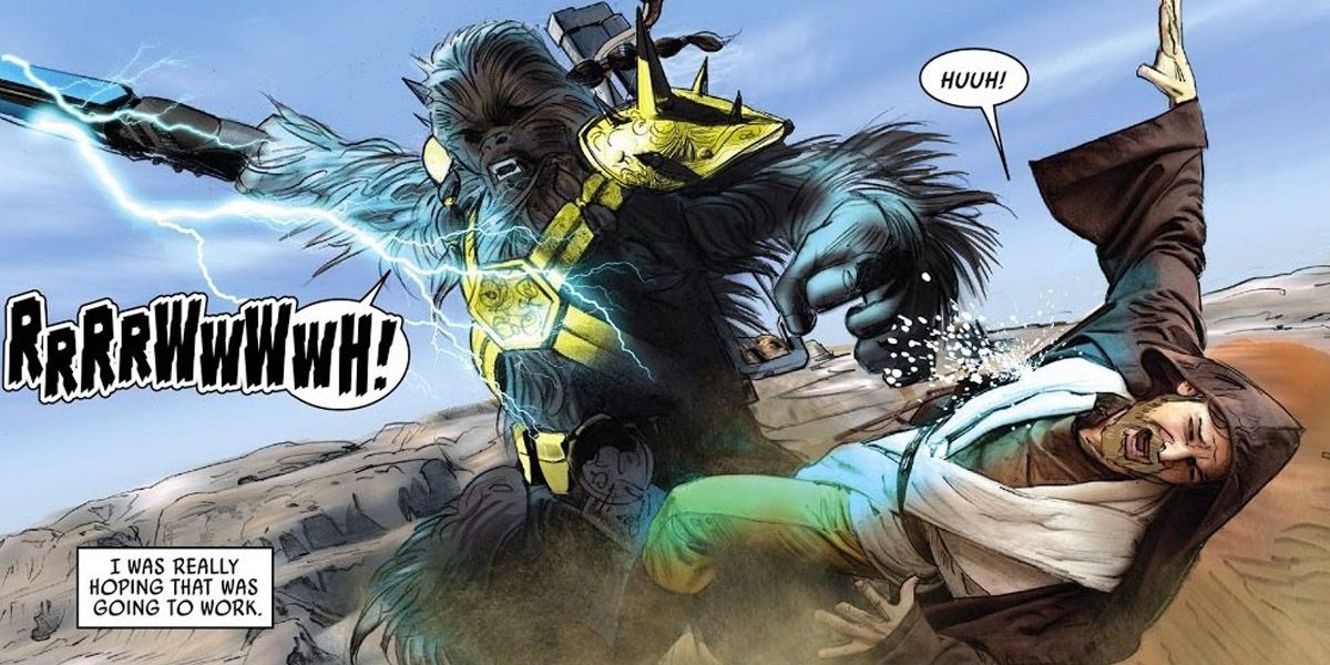 Black Krrsantan attacks Obi-Wan Kenobi in Marvel Comics.