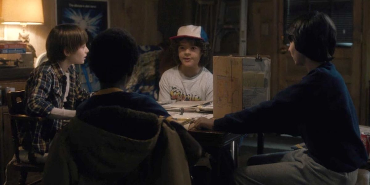Stranger Things characters Will, Lucas, and Dustin play Dungeons and Dragons