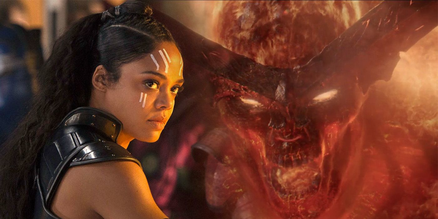 Tessa Thompson as Valkyrie and Surtur in Thor:a Ragnarok