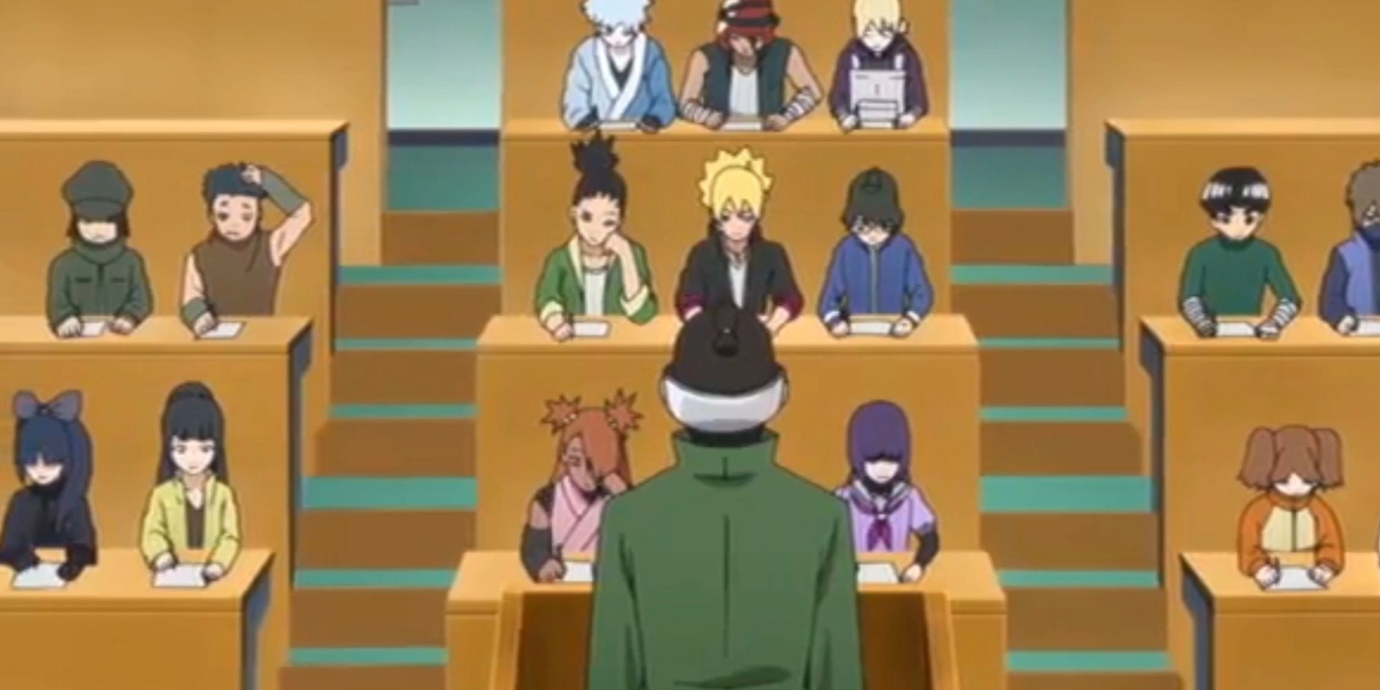 The class of genin sit in their Academy classroom in Boruto