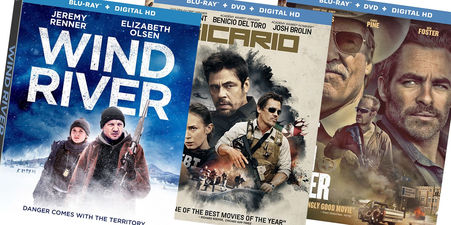 Blue Ray covers of Wind River, Sicario, and Hell or High Water.