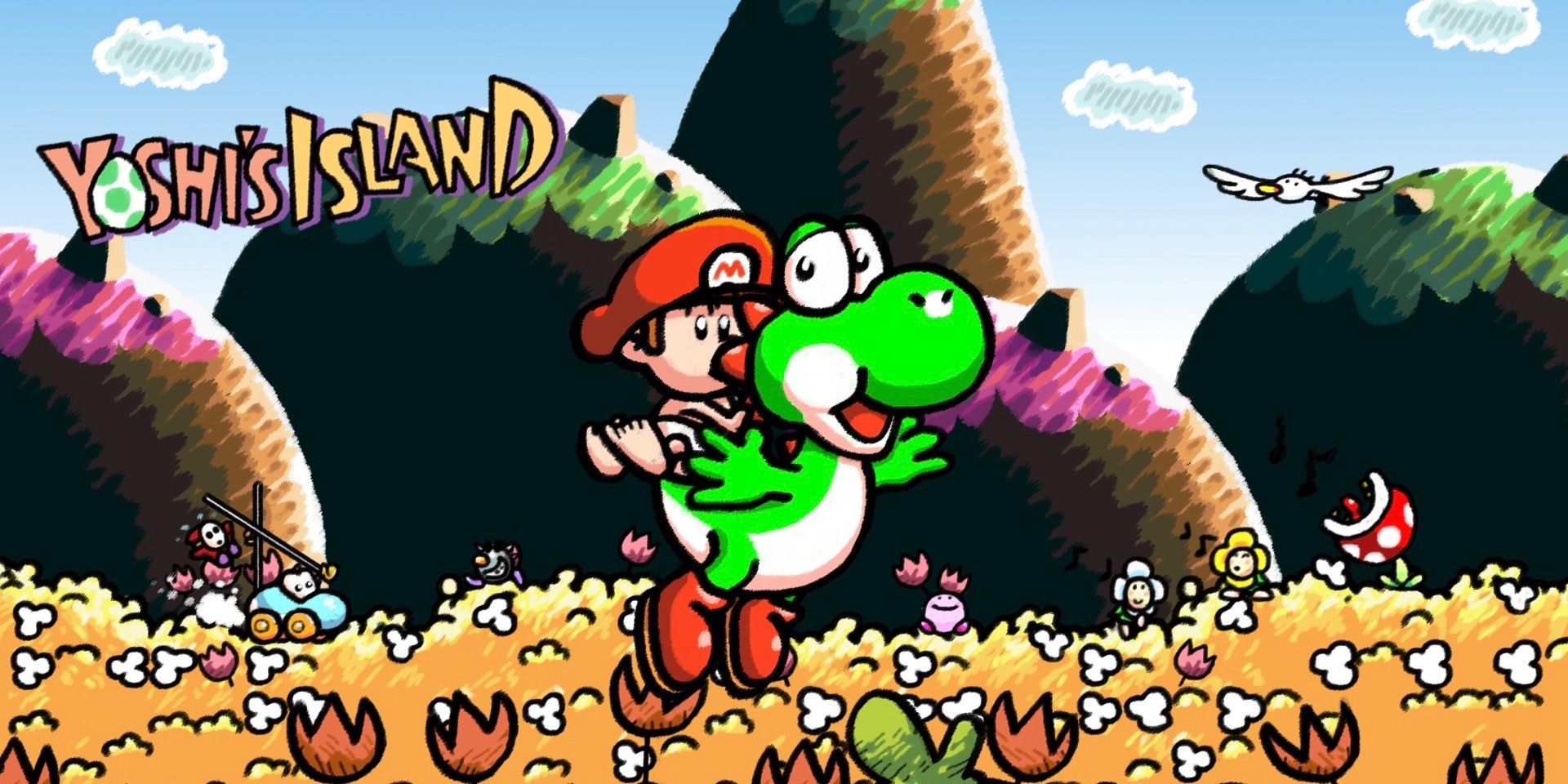 Yoshi carries baby Mario on his back from Super Mario World 2: Yoshi's Island