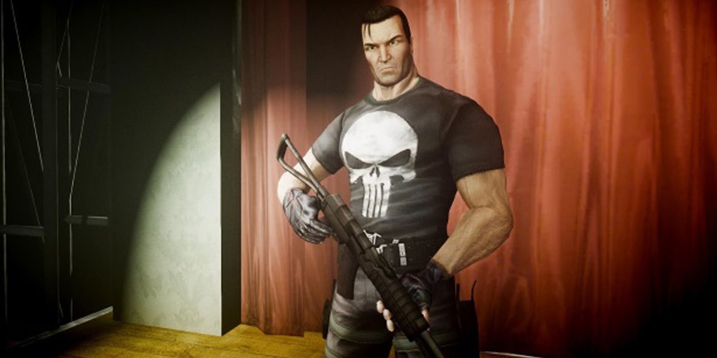 The Punisher holding a gun in the Video Game