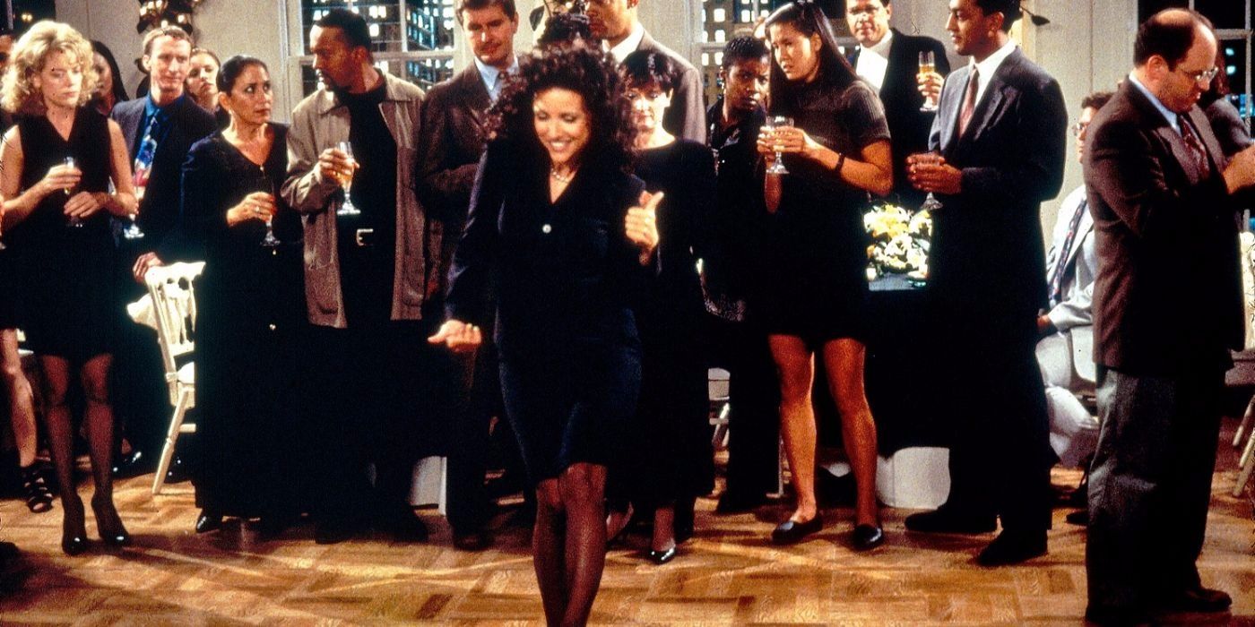 Julia Louis-Dreyfus as Elaine dancing on Seinfeld.