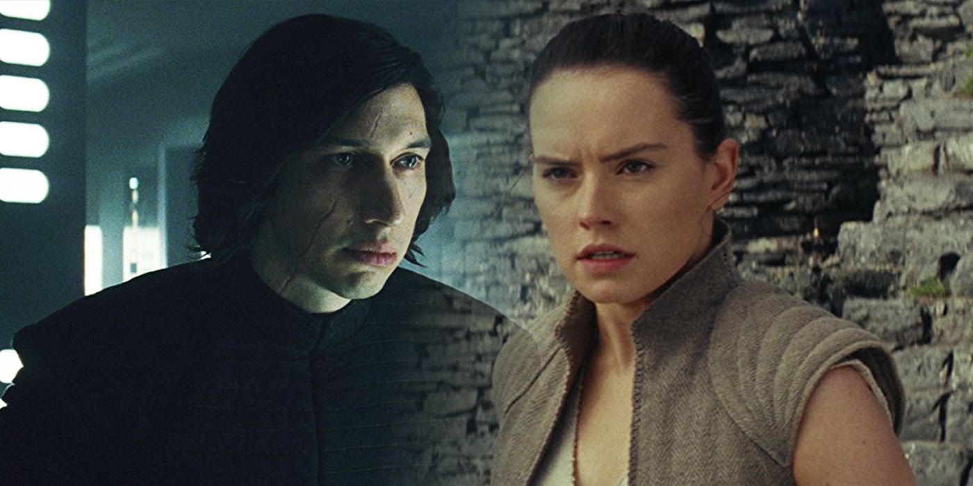 Adam Driver as Kylo Ren and Daisy Ridley as Rey in Star Wars: The Last Jedi