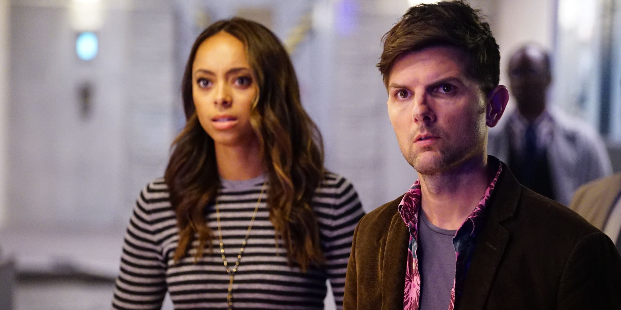 Amber Stevens West and Adam Scott in Ghosted