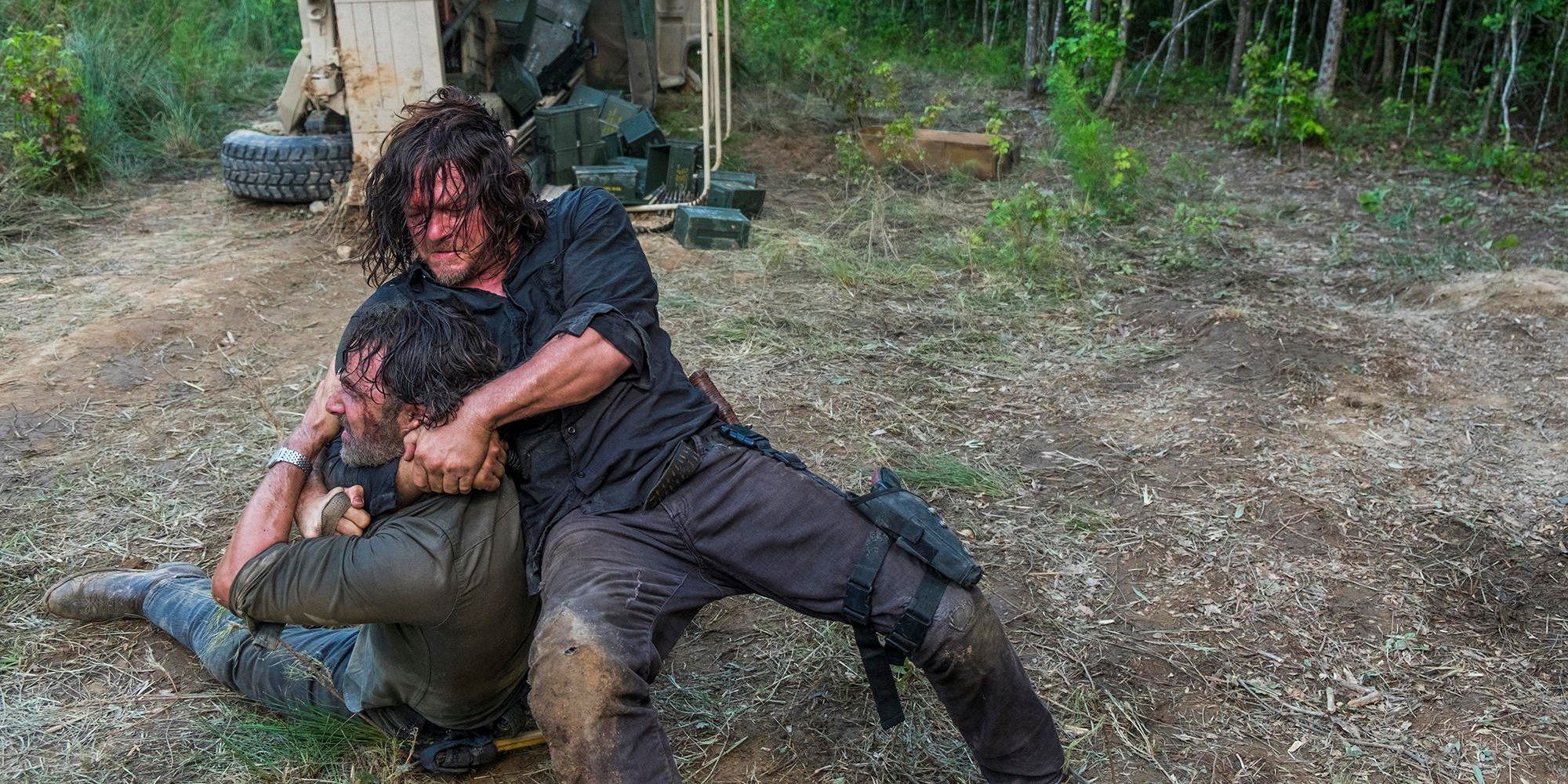 Andrew Lincoln as Rick Grimes and Norman Reedus as Daryl Dixon in The Walking Dead