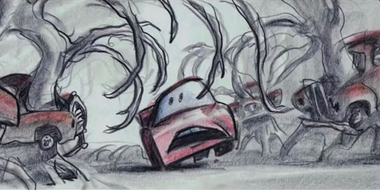 Lightning McQueen running through the dead cars