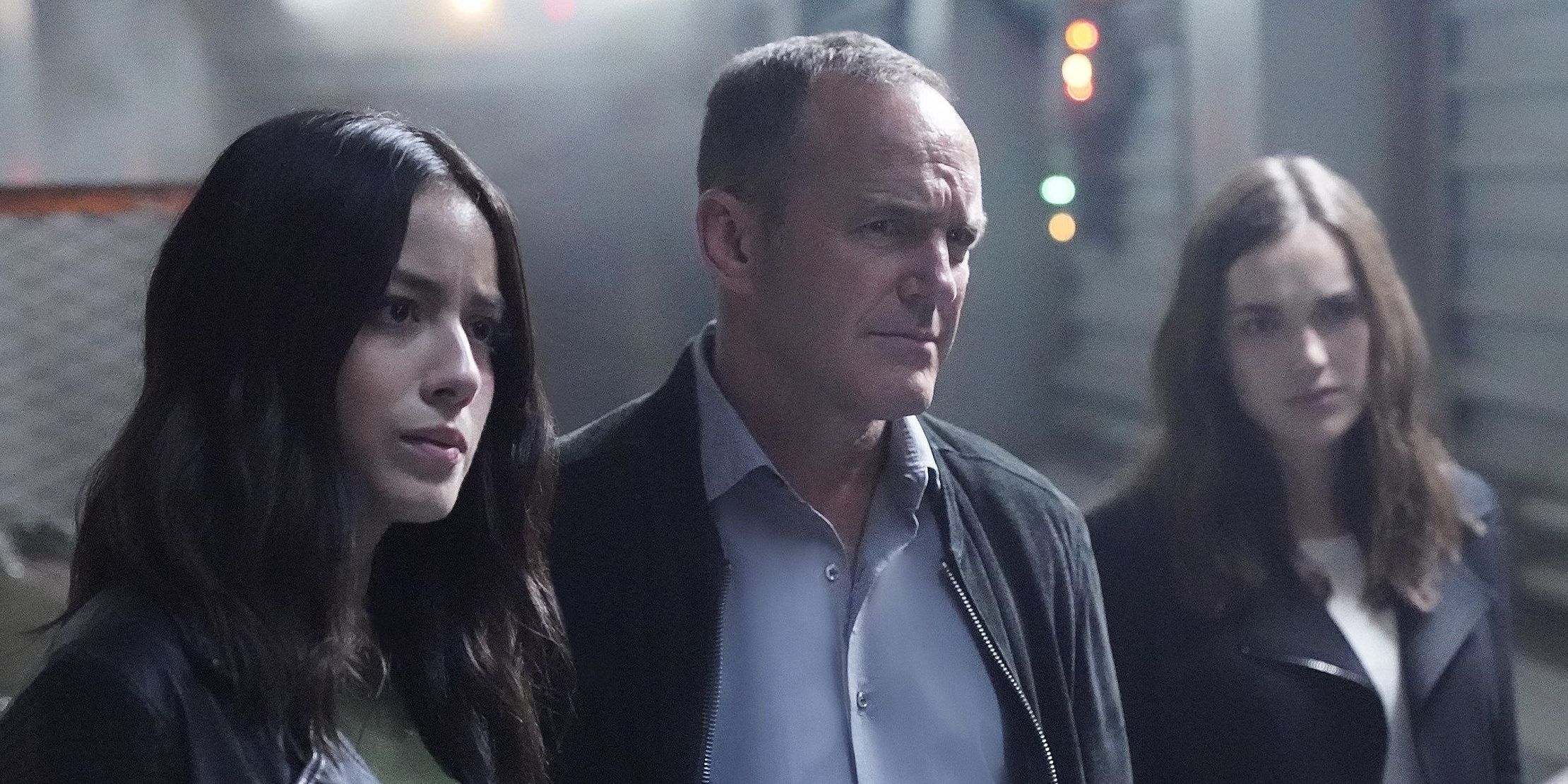 Chloe Bennet as Daisy Quake Johnson, Clark Gregg as Phil Coulson and Elizabeth Henstridge as Jemma Simmons in Agents of SHIELD