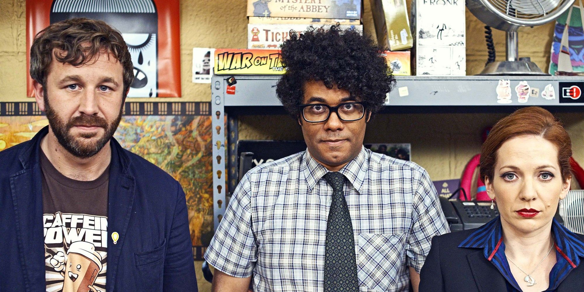 Chris O'Dowd as Roy, Richard Ayoade as Moss and Katherine Parkinson as Jen in The IT Crowd