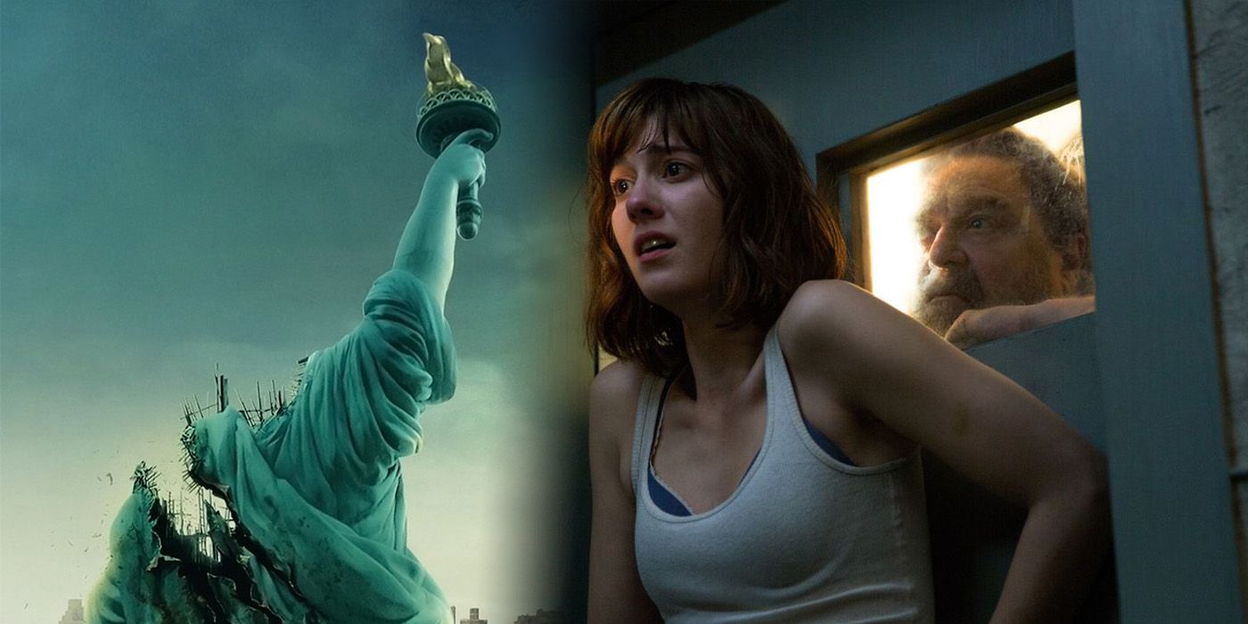 Cloverfield poster and Mary Elizabeth Winstead and John Goodman in 10 Cloverfield Lane