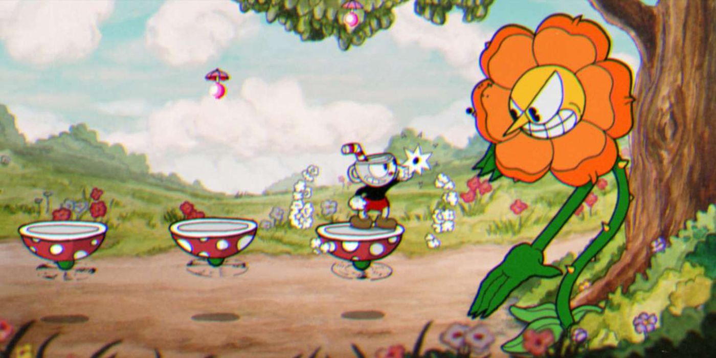 Cuphead fighting a giant flower in Cuphead.