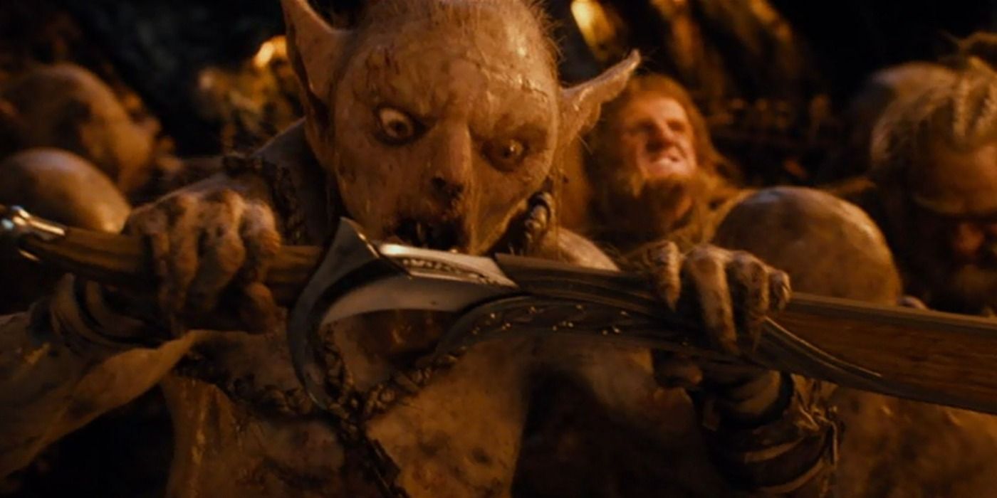A goblin holding a sword in The Hobbit