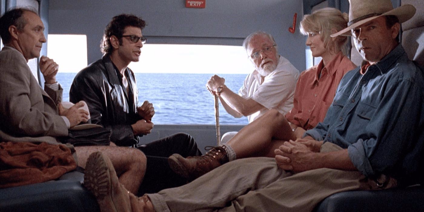 Ian, Alan, Ellie, and John on a helicopter in Jurassic Park