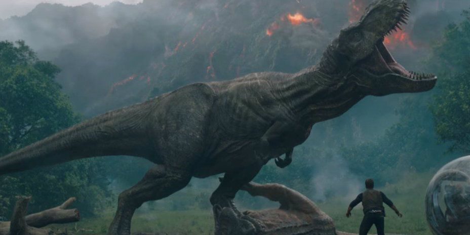 T-Rex running from the volcano in Jurassic World: Fallen Kingdom