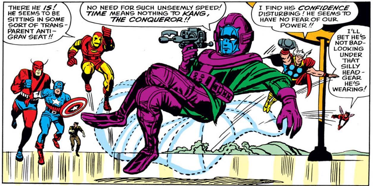 Kang The Conqueror floating on anti-grav seat in Avengers comics