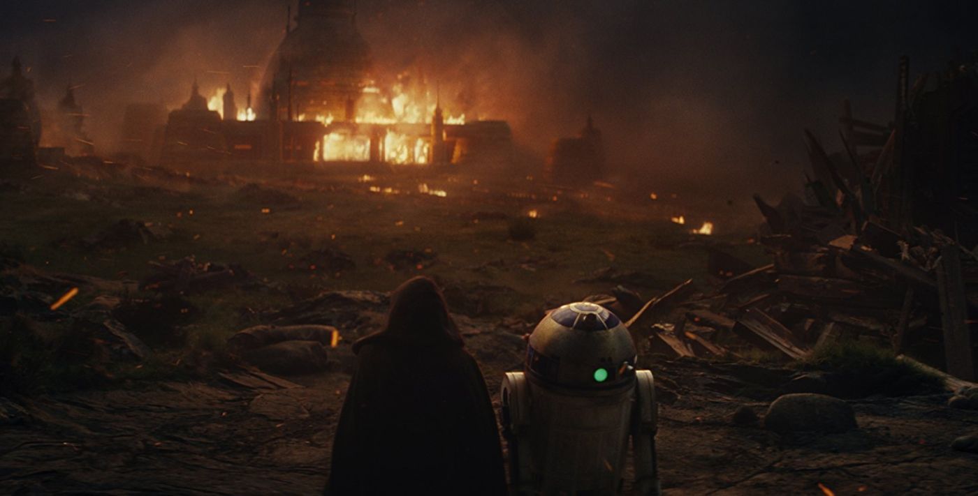 Luke's Jedi Temple burning in The Last Jedi.
