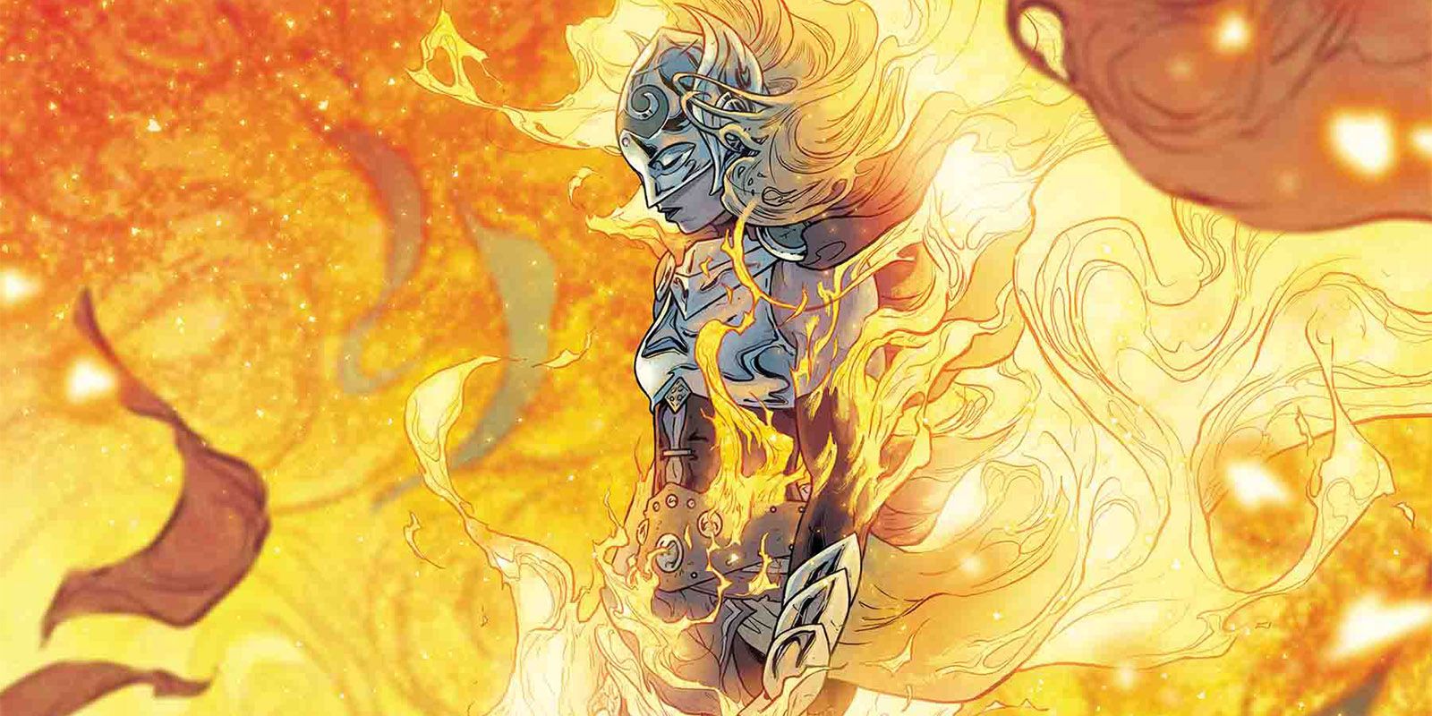 Jane Foster as The Mighty Thor stands among flames in Marvel Comics