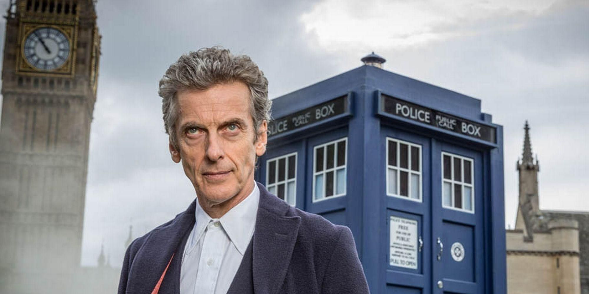 The Twelfth Doctor in front of the Tardis in Doctor Who