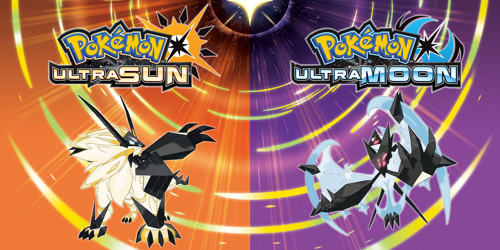 Split image showing Dusk Mane Necrozma and Dawn Wings Necrozma in Pokémon Ultra Sun and Moon.