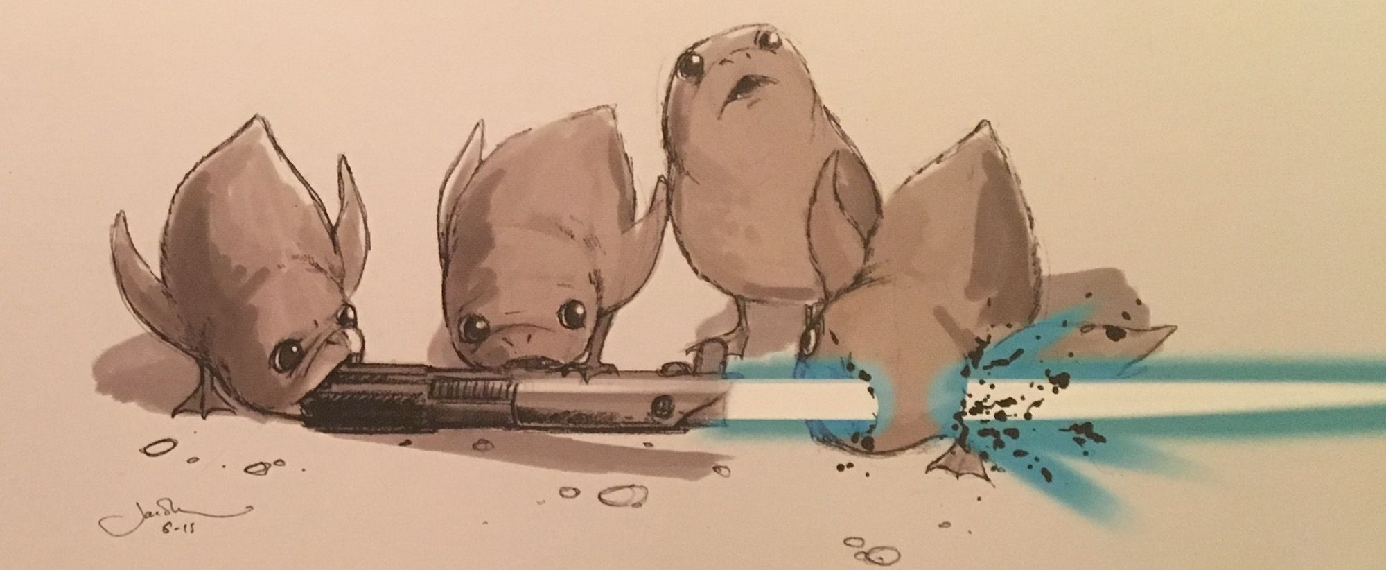 Porgs vs a lightsaber in Star Wars The Last Jedi concept art