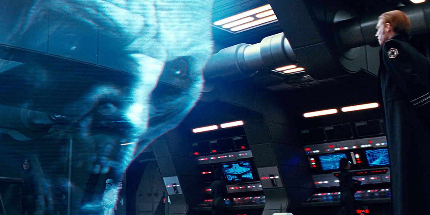 A hologram of an angry-looking Snoke addresses General Hux in Star Wars The Last Jedi.