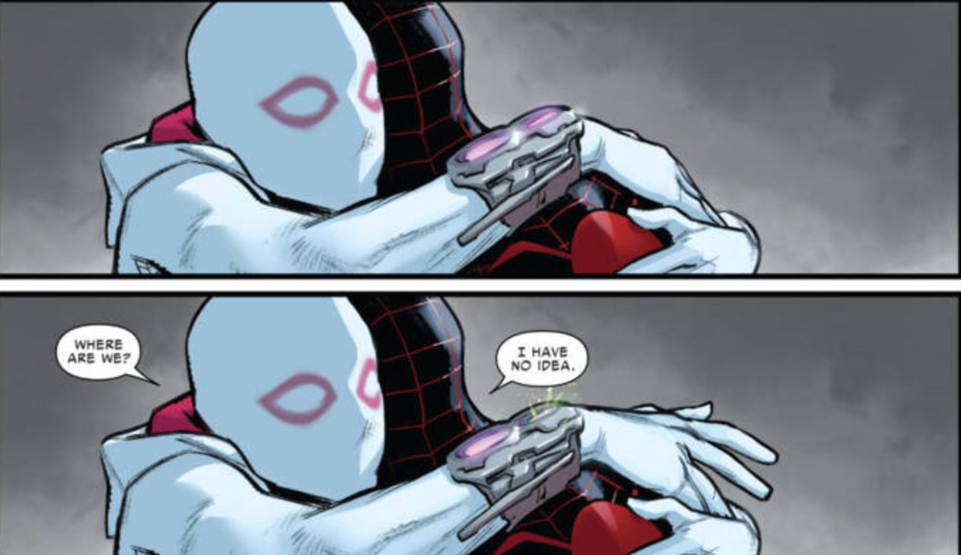 Spider-Gwen and Ultimate Spider-Man travel between worlds