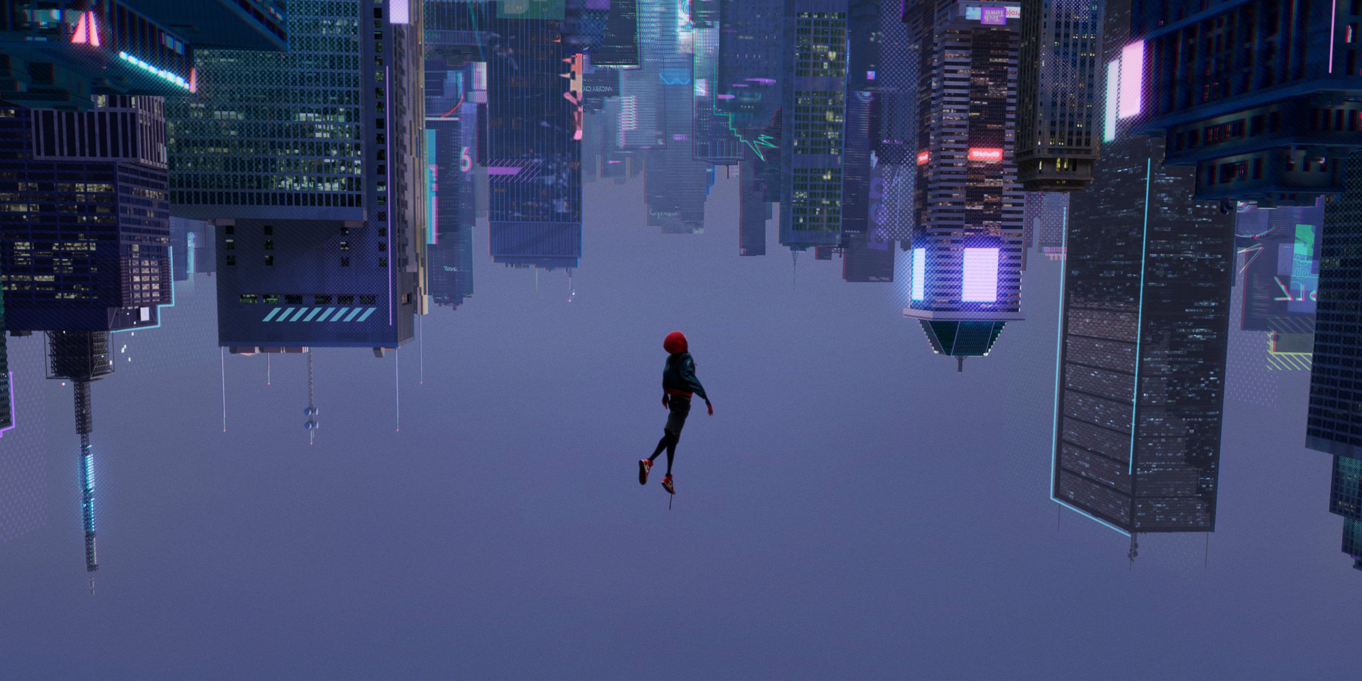 Spider-Man falling into an upside down city in Spider-Man: Into The Spider-Verse.