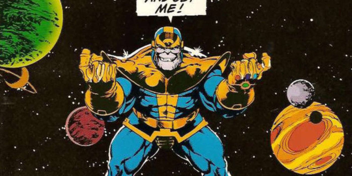 Thanos wearing the Infinity Gauntlet in Marvel Comics.