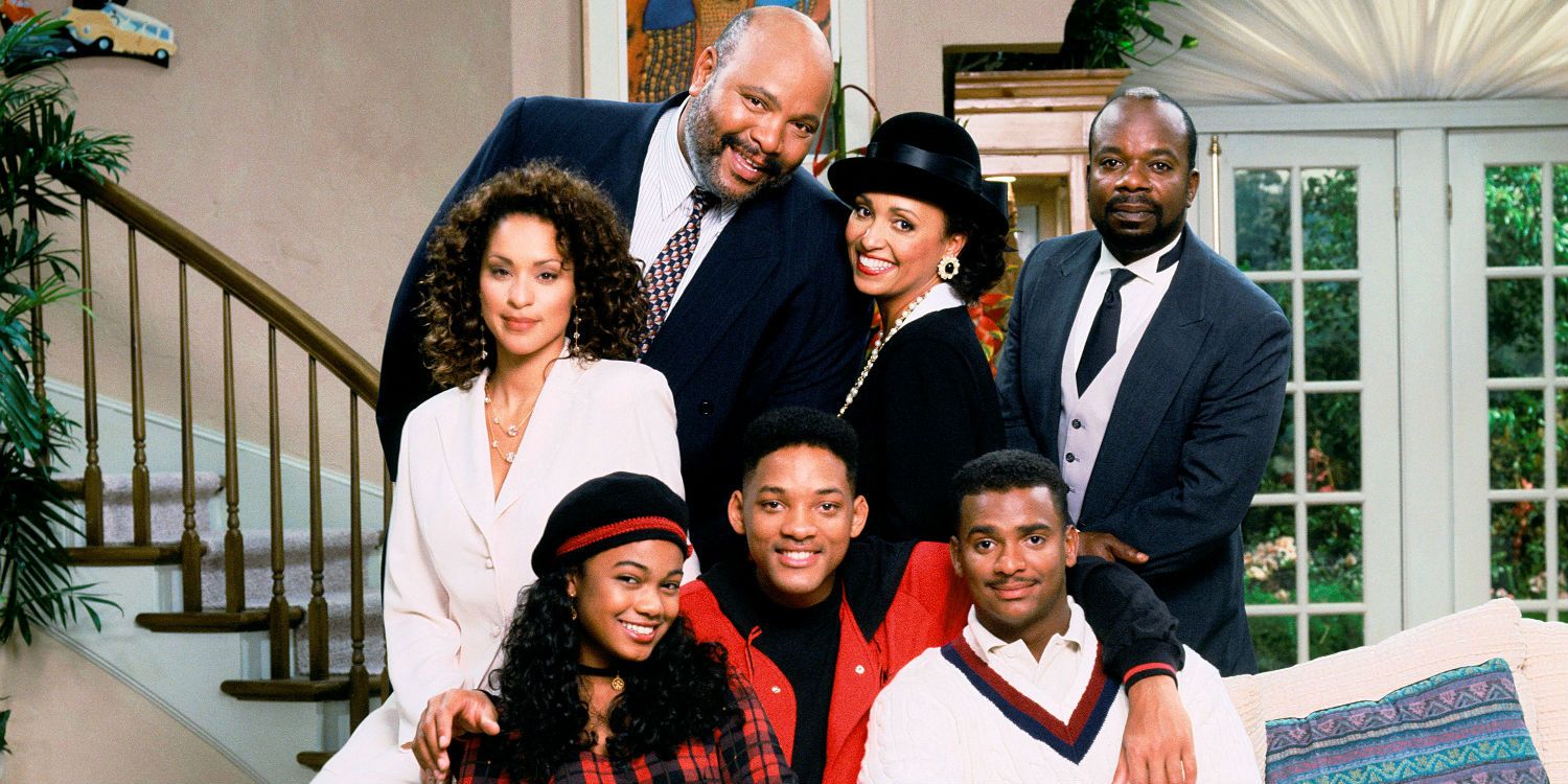 The cast of The Fresh Prince of Bel-Air in the living room.