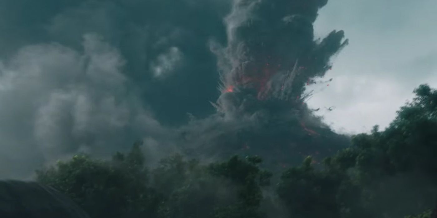 A volcano erupts in Jurassic World: Fallen Kingdom.