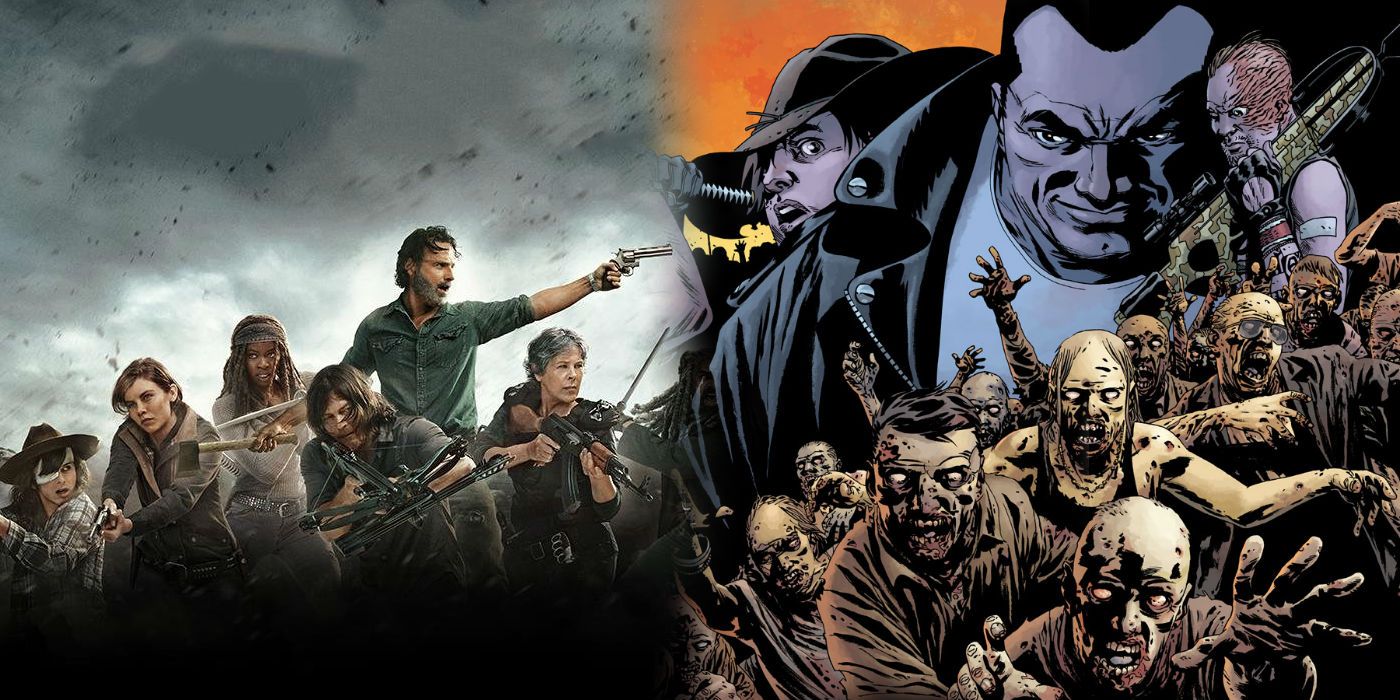 A split image of Walking Dead TV and comics characters