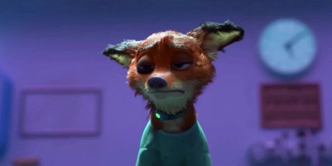 A defeated Nick sits with a shock collar around his neck in Zootopia