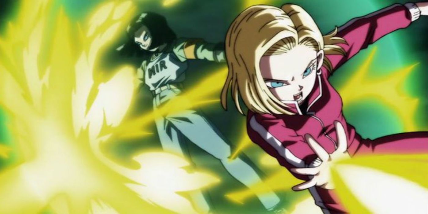 Android 17 And 18 fighting in the Tournament of Power.